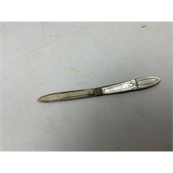 Hallmarked silver bladed fruit knife with decorative mother of pearl handle and hallmarked silver thimble, together with others similar, two Ronson lighters, ATTO Brev Der lighter and Silver Match lighter, both in engine turned cases, quantity of coins etc