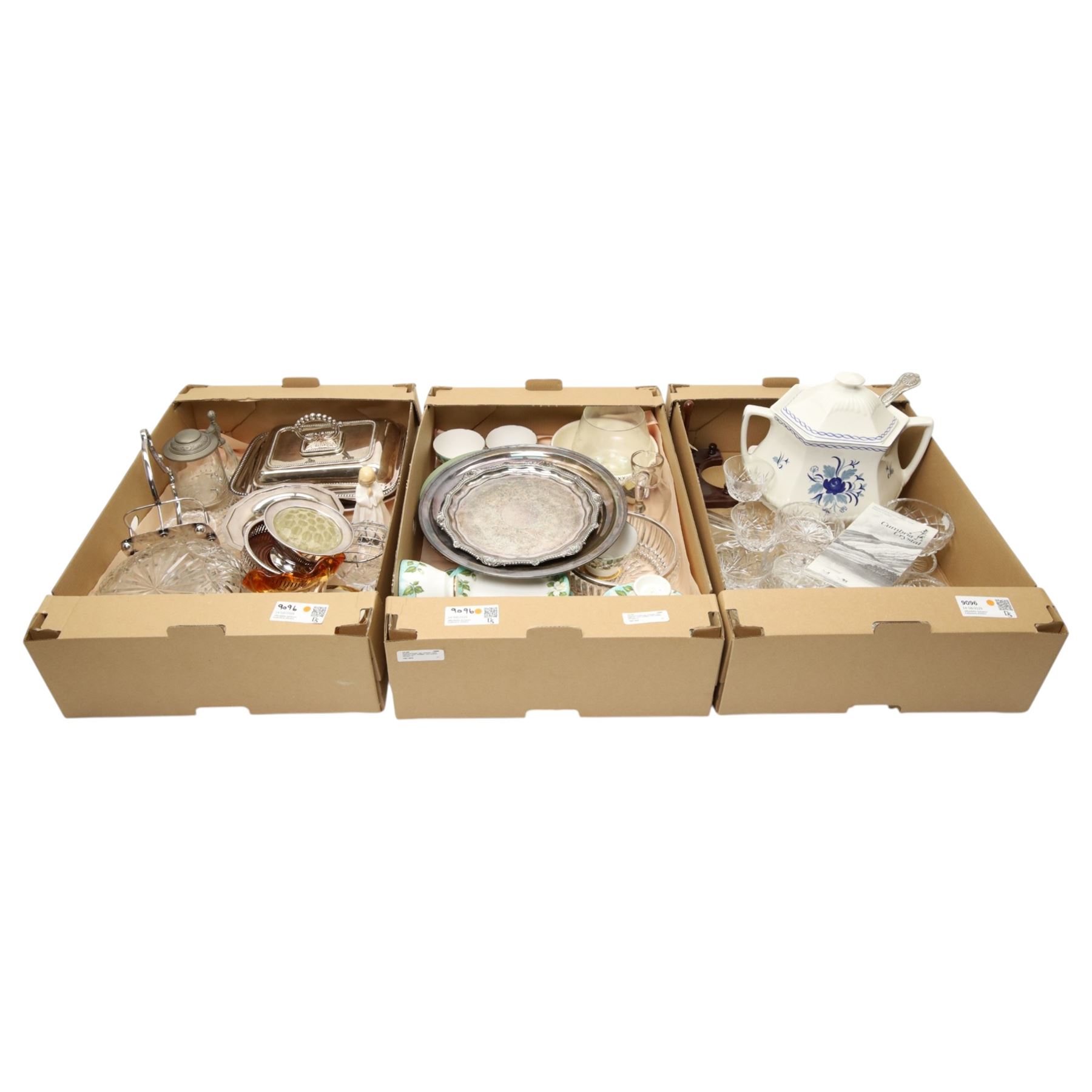 Royal Doulton figure Bedtime HN1978, plated entree dish, other plated items, tea set and other items in three boxes