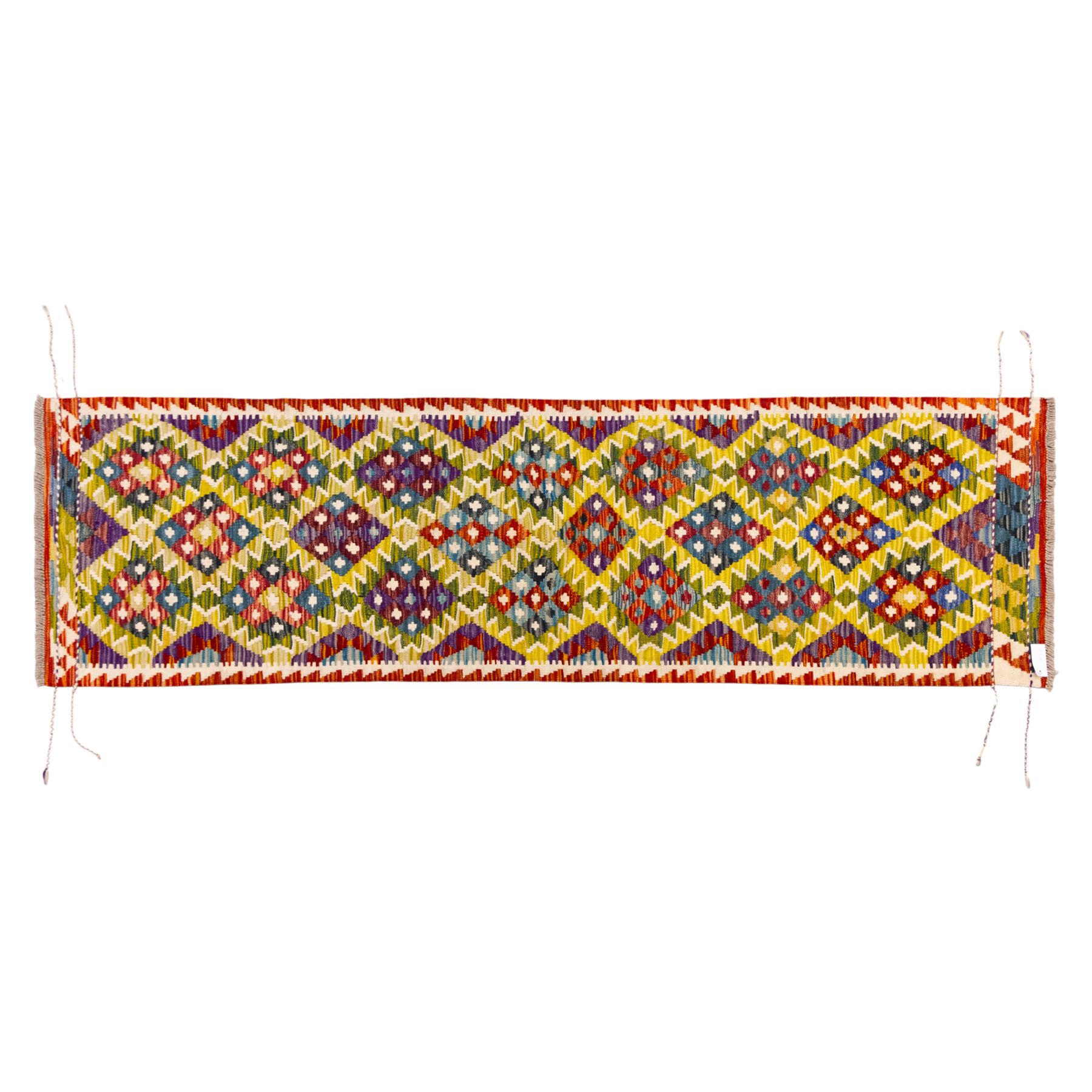 Afghan Maimana kilim flatweave runner, central field features large bold nested diamond motifs and stylized geometric lozenge patterns on olive purple, blue, and green tone ground, border stripe in teal ground, and fringe