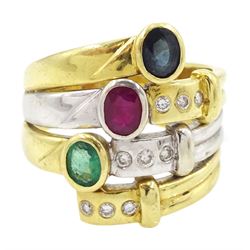 18ct gold multi gemstone set ring, four white and yellow gold rows set with an oval cut sa...