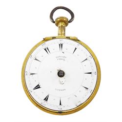 19th century gilt metal, triple cased verge fusee pocket watch, for the Turkish market by Edward Prior, London, No. 62801, pierced and engraved balance cock decorated with a classical urn, white enamel dial with Turkish hour markers, the outer tortoiseshell case, with pique work borders