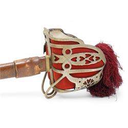 George V basket hilted broad sword with engraved blade, wire wound fish skin grip and field service scabbard, blade length 83cm
