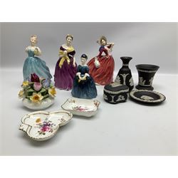 Four Royal Doulton figures comprising Debbie, Enchantment, Autumn Breeze and Adrienne, together with Wedgwood Jasperware vases, dish and box decorated with white relief against a black basalt ground, two Royal Crown Derby dishes etc
