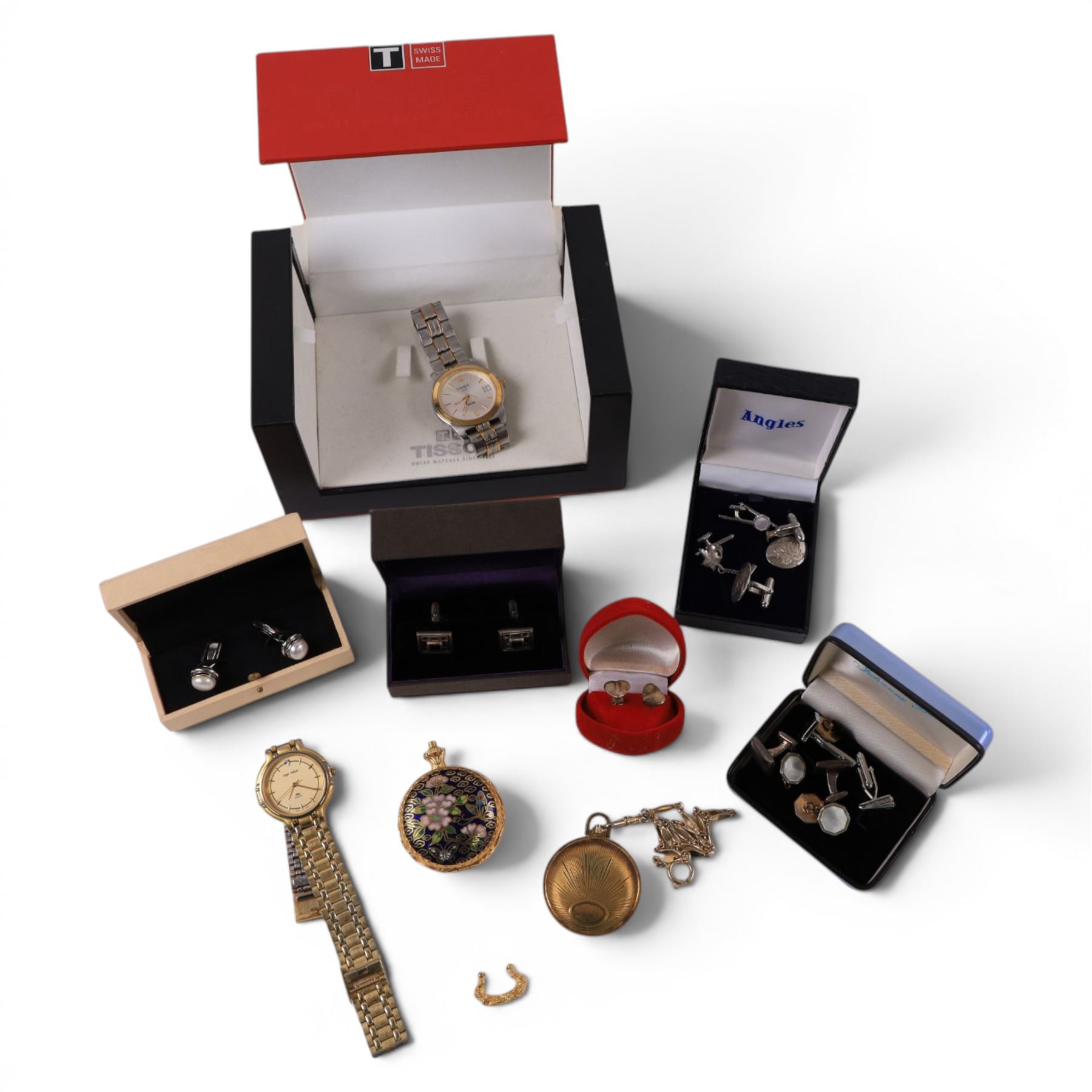 Tissot PR50 watch, boxed, together with silver heart earrings and a collection of cufflinks