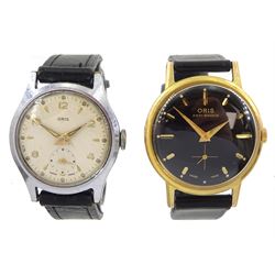 Oris gentleman's gold-plated and stainless steel wristwatch and one other Oris stainless steel wristwatch, both manual wind movements, dials with subsidiary seconds dial, on black leather straps, boxed