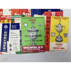 Football programmes - thirteen various England and England Youth matches 1953-77; European Cup Winners Cup Final May 19th 1965 TSV Munchen 1860 v West Ham; European Champions Club Cup Final May 29th 1968 Benfica (1) v Manchester United (4), the famous Bobby Charlton final; seven Wealdstone F.C. 1950-66 including London Senior Charity Cup Final May 10th 1952; Harrow Town Football Challenge Cup April 14th 1948; and eight F.A. Amateur Cup Finals and Semi-Finals plus three song sheets 1956-68 (34)