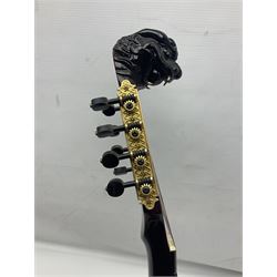 Chinese F-hole eight-string mandolin with sunburst finish, mother-of-pearl inlay of dragons chasing the flaming pearl and dragon carved headstock L71cm