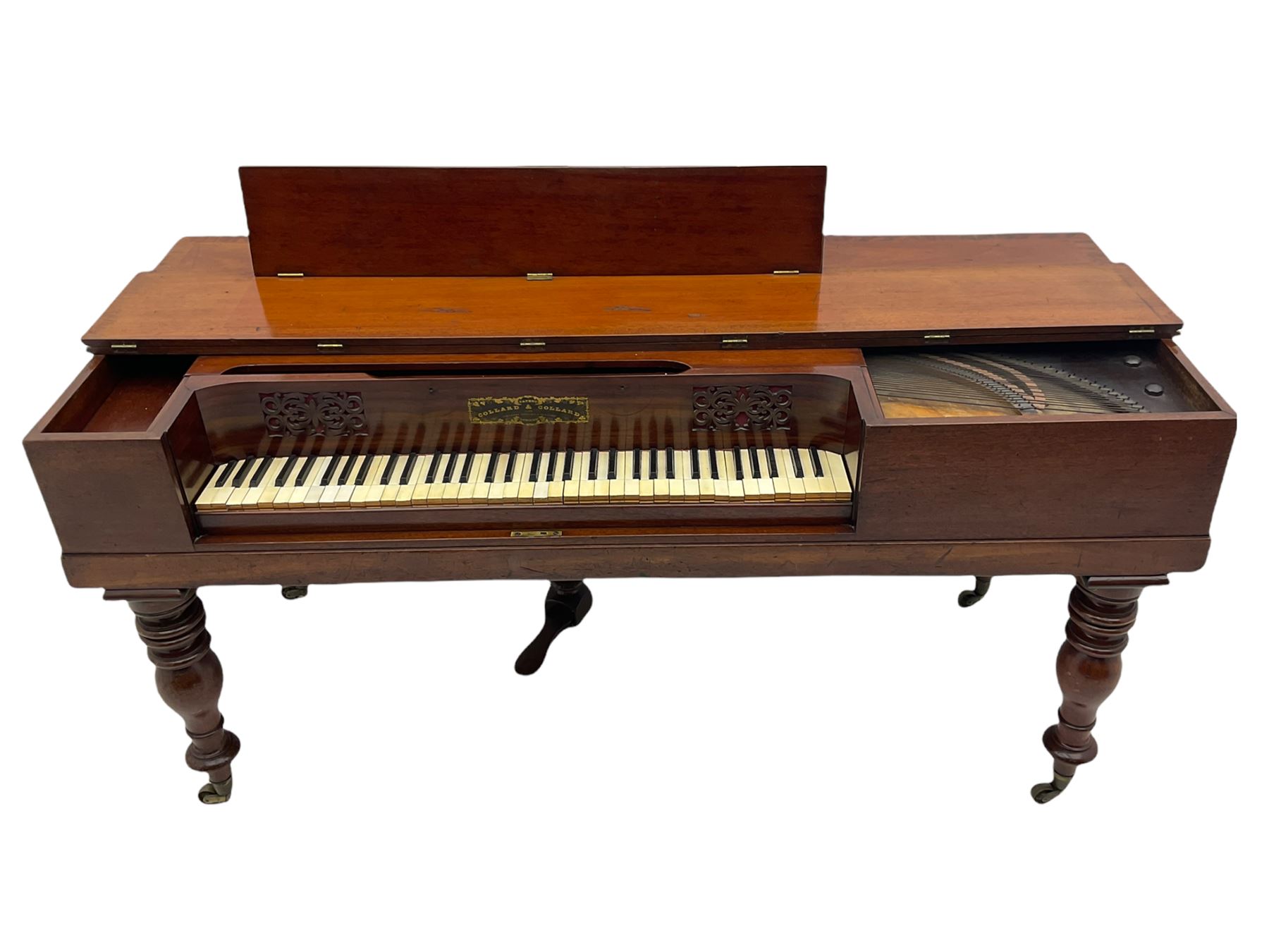 Collard & Collard - early 19th century mahogany square piano, hinged and retractable keyboard cover and lid, turned legs on brass castors