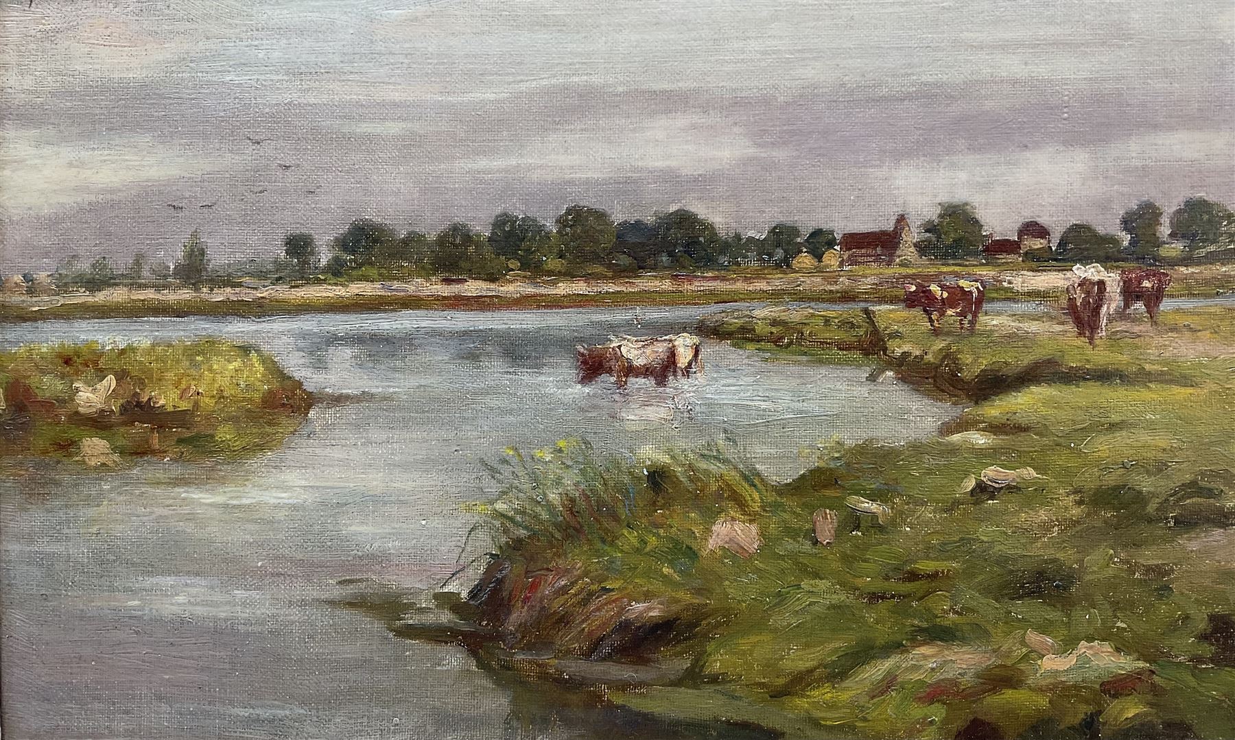 Frederick William Jackson (Staithes Group 1859-1918): Cattle Taking a Drink, oil on canvas laid on board unsigned 19cm x 31cm 
Provenance: exh. Phillips & Sons Cookham, October 1988, label verso