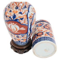 Chinese cylindrical crackle ware vase, decorated birds and peonies, together with imari brush pot, and vase, cylindrical vase H26cm