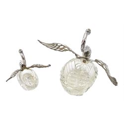 Silver mounted cut glass swan dish, with pierced and embossed hinged wings and a smaller silver swan salt, both by E Ltd,  London import marks 1973/75