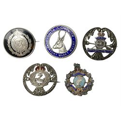 Five silver sweetheart brooches - Royal Artillery with marcasite, Naval with marcasite, George VI Royal Engineers with tortoiseshell, Royal Marines Gibraltar with enamel and South African General Service with blue enamel (5)