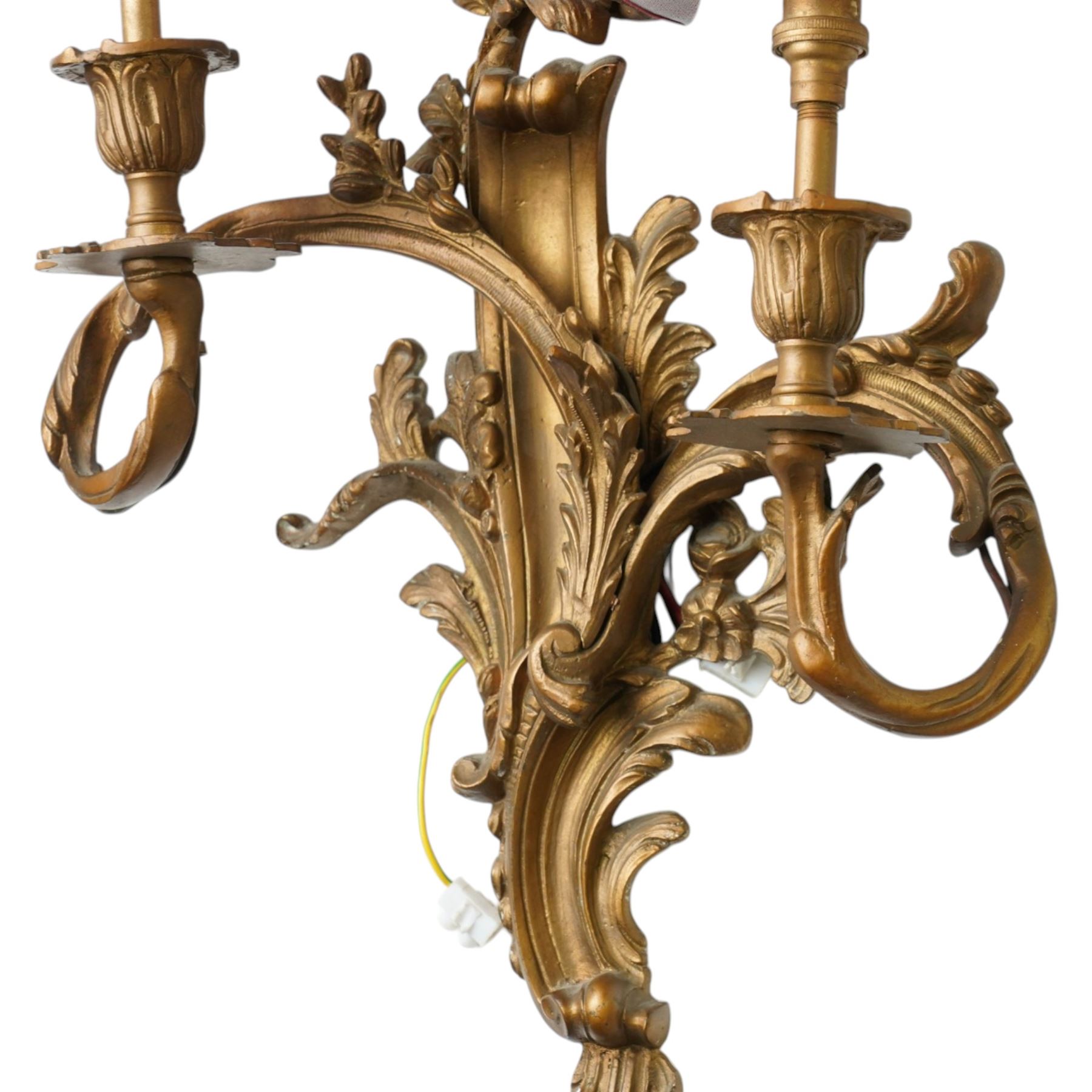 Rococo design gilt metal wall sconce, wired for electricity, with shades, including shade H61cm 
