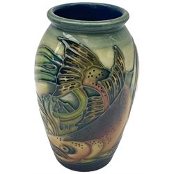 Moorcroft vase of slight ovoid form, decorated in the Trout pattern designed by Philip Gibson, with impressed and painted marks beneath, including date symbol for 1999, H10.5cm, with maker's box. 