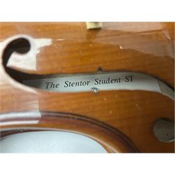 Three Stentor Student violins - three-quarter size with 33cm two-piece back; and two quarter size each with 28cm two-piece back; each in carrying case with bow (3)