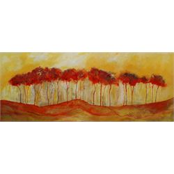 Ann Lamb (British 1955-): 'Tree Line', mixed media on canvas signed 40cm x 100cm (unframed)