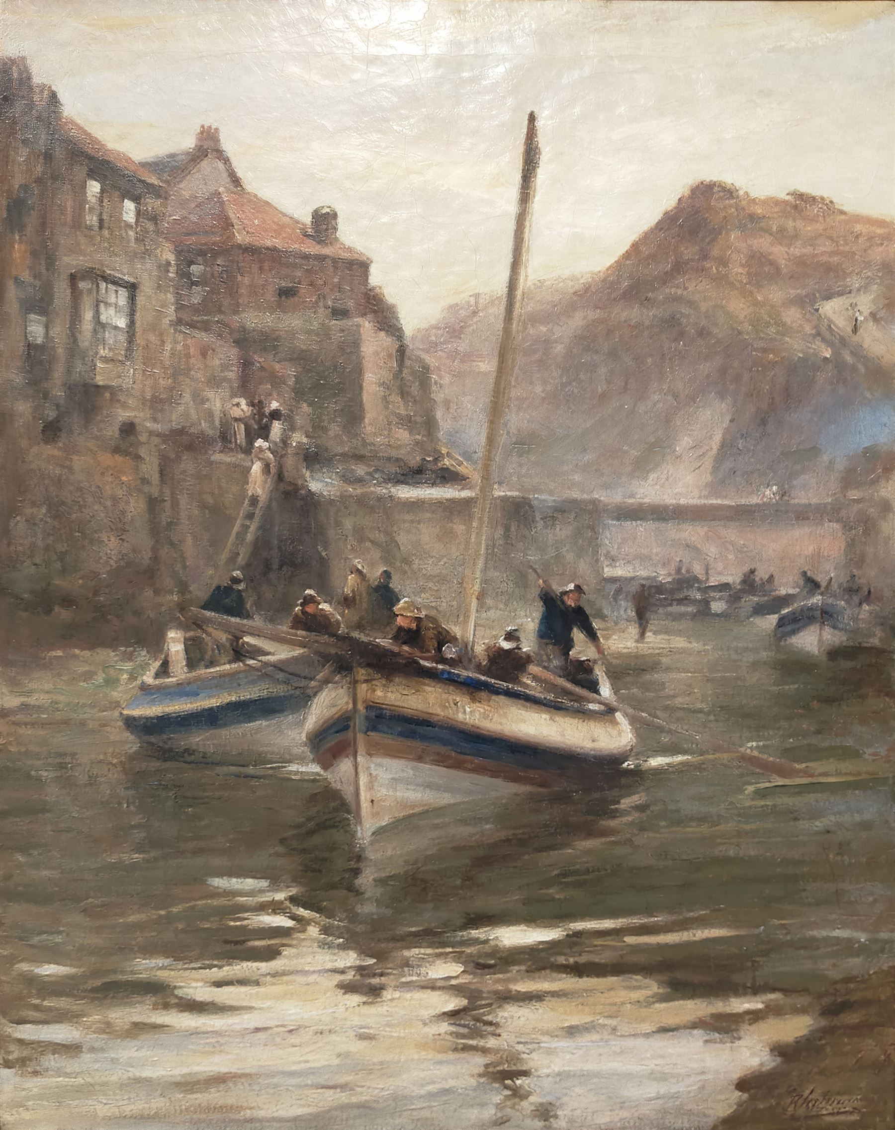 Robert Jobling (Staithes Group 1841-1923): 'Going Out on the Tide - The Beck Staithes', oil on canvas signed, titled on canvas with artist's address verso, also with Laing Art Gallery Newcastle exhibition labels 90cm x 70cm 
