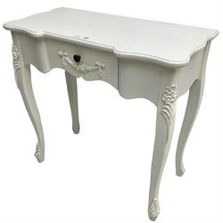French design white painted console table, shaped top, fitted with single drawer with applied swag decoration, raised on cabriole supports decorated with foliate mouldings