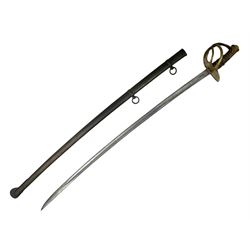 19th century French heavy cavalry officer's sword with 97cm slightly curving fullered steel blade inscribed to the back edge with a Klingenthal maker's mark and dated 1824; gilt brass four-bar hilt with wire-bound leather grip; in steel scabbard L115cm overall