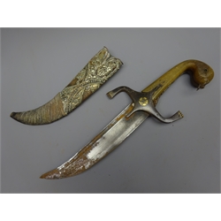  Indian hunting type knife, 21cm single edge part fullered curved steel blade, shaped horn grip with S shaped cast metal guard inlaid with brass scrolls, in scroll decorated copper scabbard with wire bound old repair, L37cm   