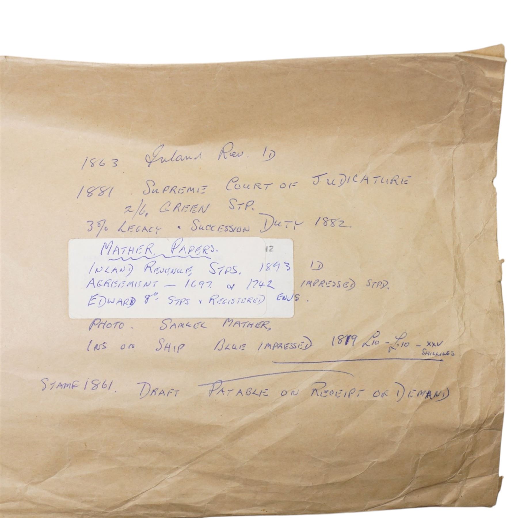 The Mather Family Archive - An extensive collection dating from 1690 to the 19th century of family indentures including Wills, Leases, Conveyances, Abstracts of Title etc .together with two 19th century photograph albums, ambrotypes, autograph and scrap books, ledgers etc and wall shields with the Mather crest, family tree etc.
The Mather family of Lancashire has a lineage of considerable historic interest on both sides of the Atlantic.  The family trace back to Richard Mather (1596-1669) a prominent Puritan minister who emigrated to New England in 1635. His descendants in America include his son, Increase Mather (1639-1732), president of Harvard College and his grandson Cotton Mather (1663-1728) who was an influential theologian and writer of early American history
