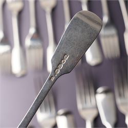 Suite of Victorian silver fiddle pattern cutlery comprising eighteen table forks, seventeen dessert spoons, fifteen dessert forks and three table spoons London 1856 Maker A B Savory & Sons