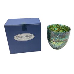 RTV -Jonathan Harris glass cup vase in the 'Everglades' pattern, of floral and striped blue, green and purple iridescent design, with etched 'Ironbridge 2004' mark beneath, with box, H11cm