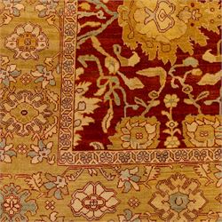 Central Persian Ziegler design hand-woven carpet, rich madder red field with central stylized lozenge medallion enclosed with an all-over lattice of scrolling vine, palmettes, and angular floral motifs of the Sultanbad tradition, broad ivory main border decorated with large-scale rosettes and flowering cartouches, flanked by narrow guard stripes, with fringe ends 