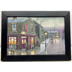 Steven Scholes (Northern British 1952-): 'The Red Lion Pub - North Manchester 1962', oil on canvas signed, titled verso 20cm x 30cm