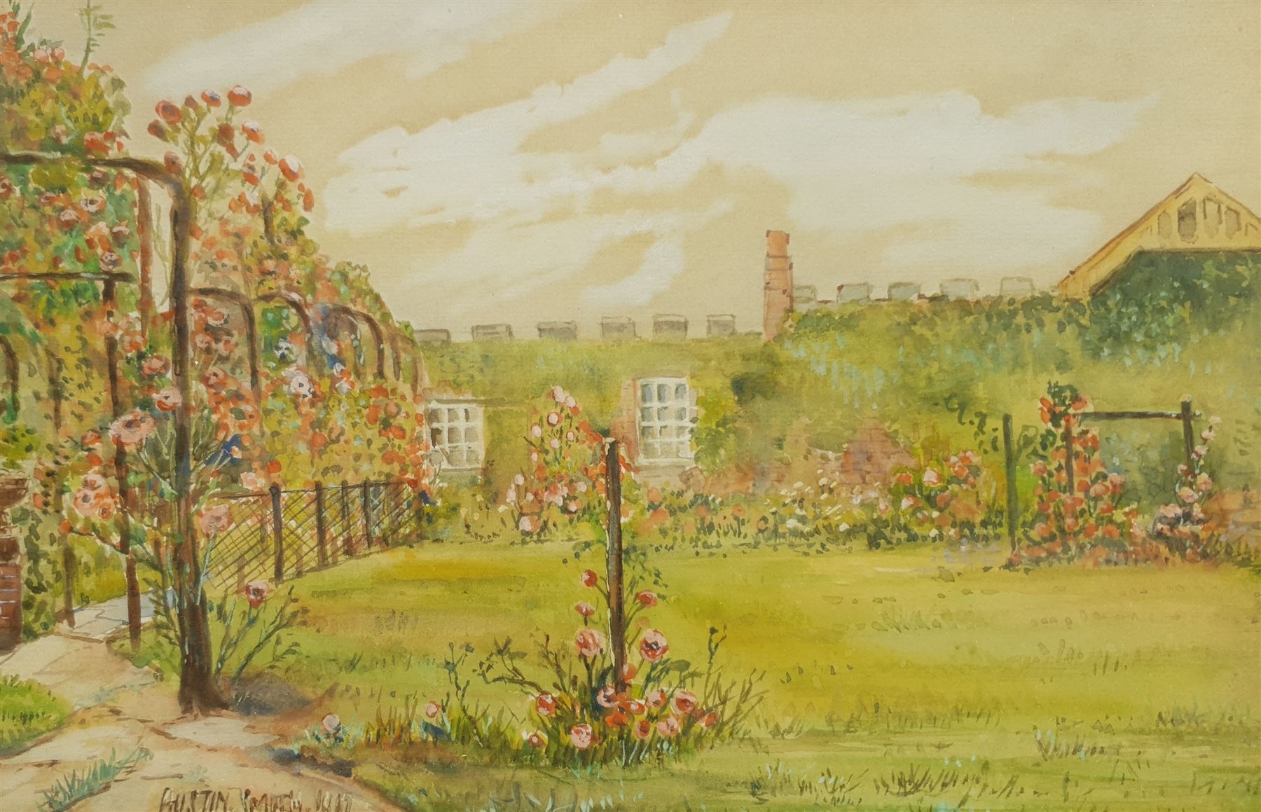 Austin Smith (Scarborough early 20th century): Garden Scene, watercolour signed and dated 1917, 21cm x 33cm