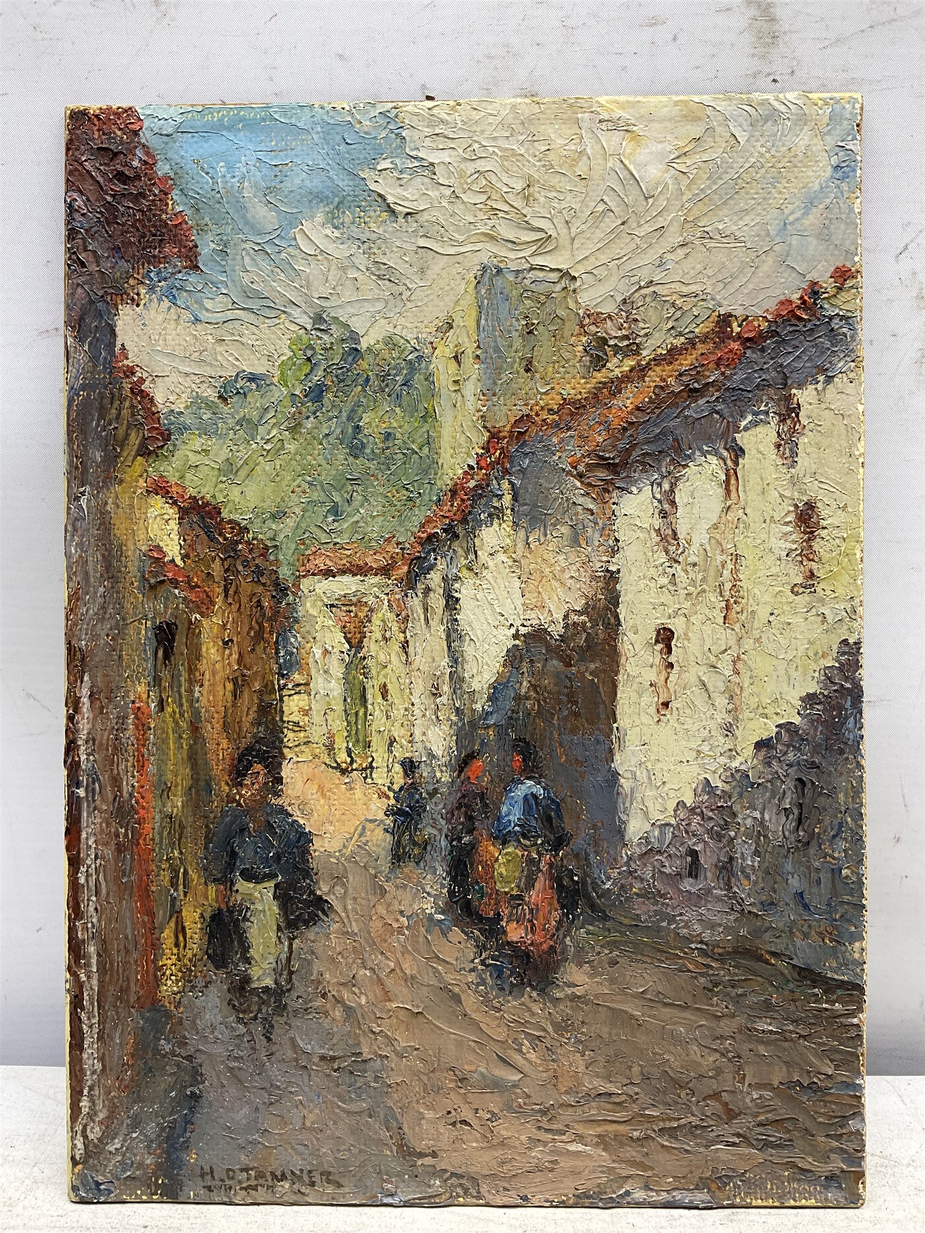 Circle of Henry Osswa Tanner (American 1859-1937): North African Street Scene, oil on board signed 30cm x 22cm (unframed)