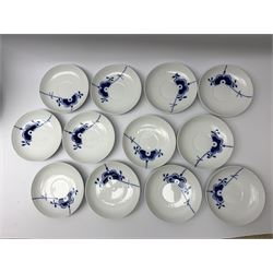 Royal Copenhagen tea and dinner service for twelve place settings, decorated in the Mega Blue Fluted pattern, pattern number 622, comprising dinner plates, salad plates, bowls with pierced rim, smaller bowls, tea cups, and saucers, dinner plates D27.5cm, salad plates D22cm