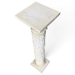 Neoclassical design composite column, square top over composite Ionic and Corinthian capital, the pedestal decorated with hunting and religious procession scenes, waisted and foliate socle on square base