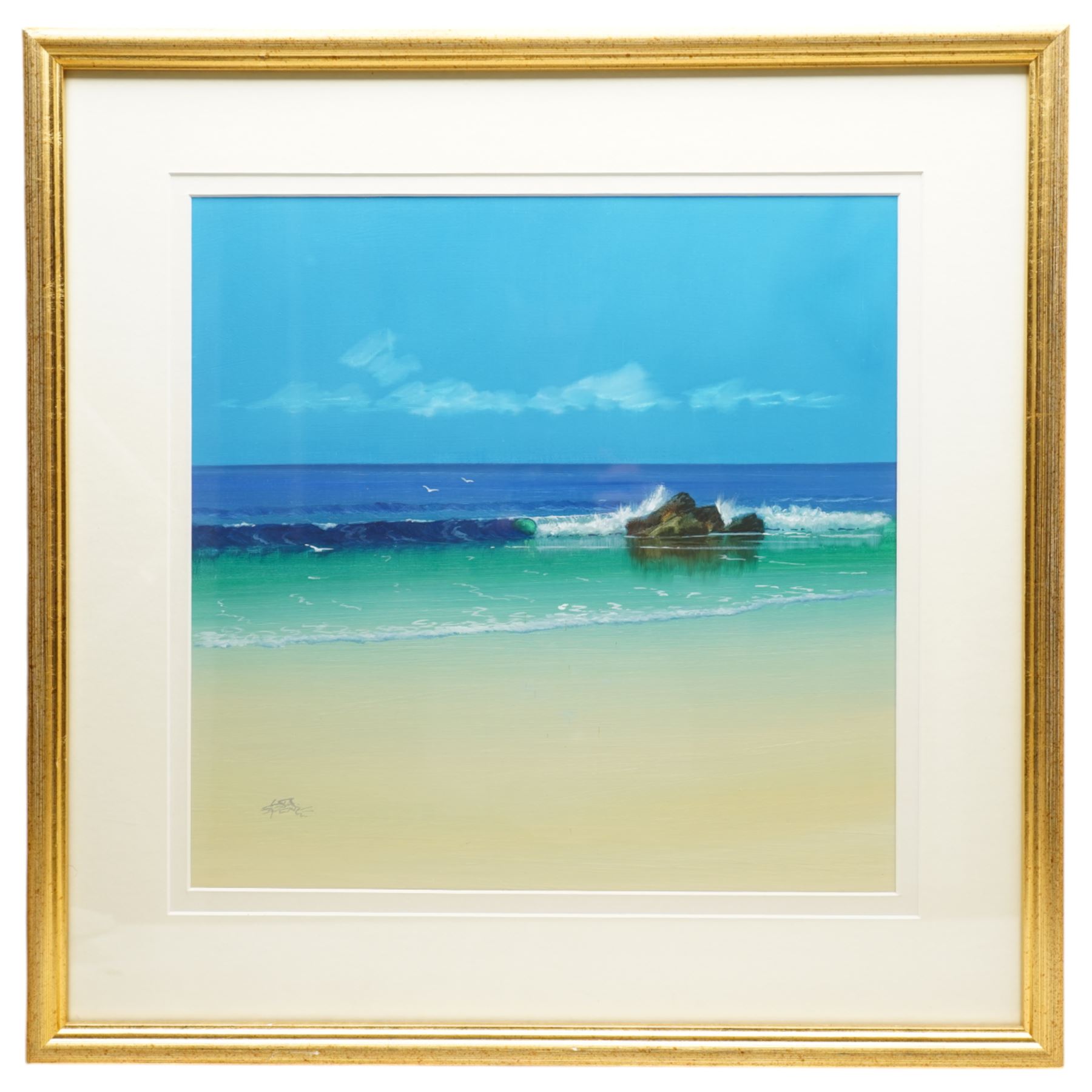 Les Spence (British 1934-): Blue Sky Seascape, oil on board signed 40cm x 40cm