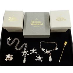Vivienne Westwood pate stone set safety pin and orb bracelet, paste stone set skull jewellery including ring, hallmarked, pair of earrings, pendant necklace and a gilt stick pin