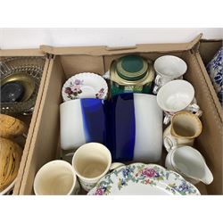 Modern blue and white jug, ships decanter, metal weighing scales, dinner wares, three wooden table lamps, and a collection of other collectables, in three boxes 