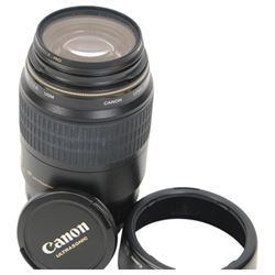 Canon Ultrasonic Macro EF 100mm 1:2.8 lens serial no. 63900365, with Canon EW-65II lens hood, in carry pouch
