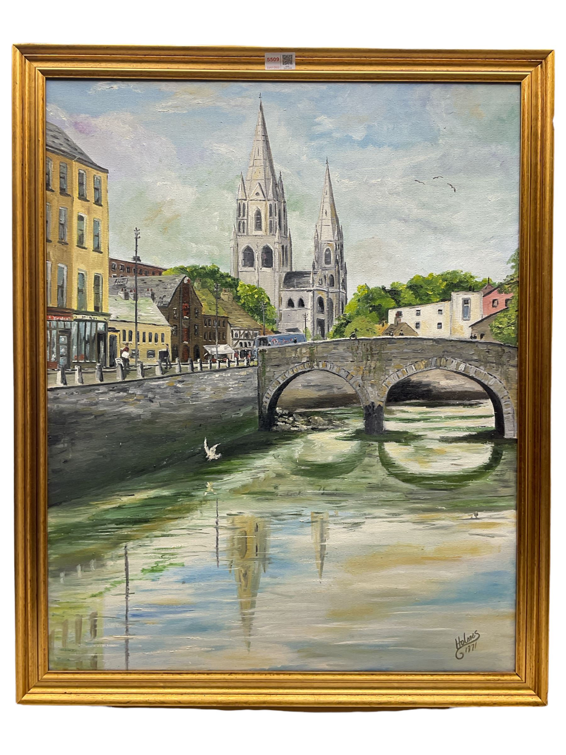 P Holmes (British 20th century): 'St Finbarr's Cathedral' Cork Ireland, oil on canvas signed and dated 1971, labelled verso