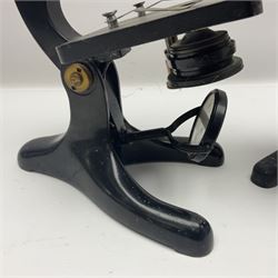 Beck London microscope with rack, with swivel mount for three lenses, model no 8929, together with another microscope 