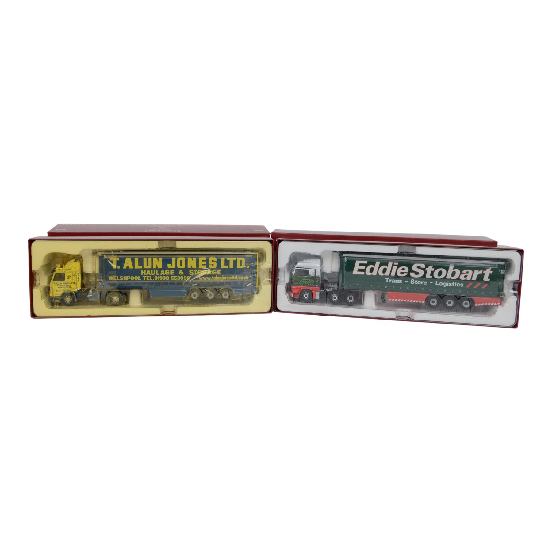 Two Corgi Hauliers of Renown 1:50 scale diecast model lorries, comprising CC14804 Scania 143 Curtainside T.Alun Jones Ltd and CC15202 MAN XLX Eddie Stobart Ltd Carlisle, both boxed