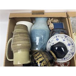 Masons and Furnival Denmark pattern blue and white tea wares, together with a Royal Worcester trinket box, Leedsware bowl and other ceramics and glassware, in four boxes