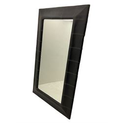 Large mirror with black leather panelled border and contrasting stitching, with bevelled plate, 192cm x 116cm