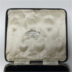 Five silver coffee spoons, together with one other, hallmarked, silver jewellery and costume jewellery in a wooden jewellery box