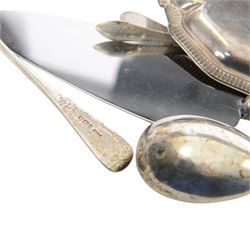 Group of silver, including sugar tongs, christening set, egg  cup, salt, strainer, silver mounted cutlery and Continental silver, together with silver plated items and other metalware 