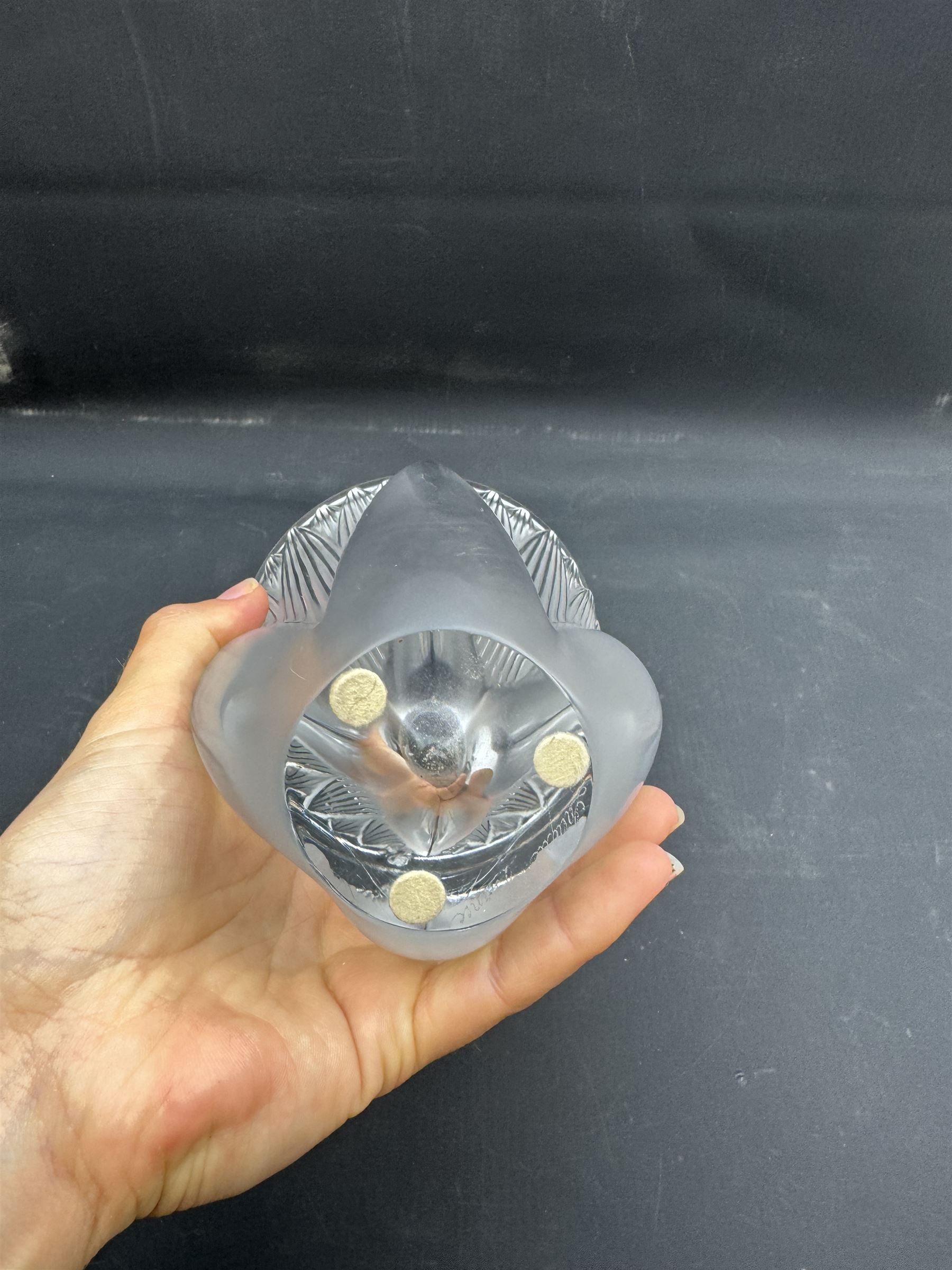 Lalique clear and frosted glass 'Thebes' vase, engraved beneath Lalique France and bearing original label to inside of rim, H11.5cm











 
