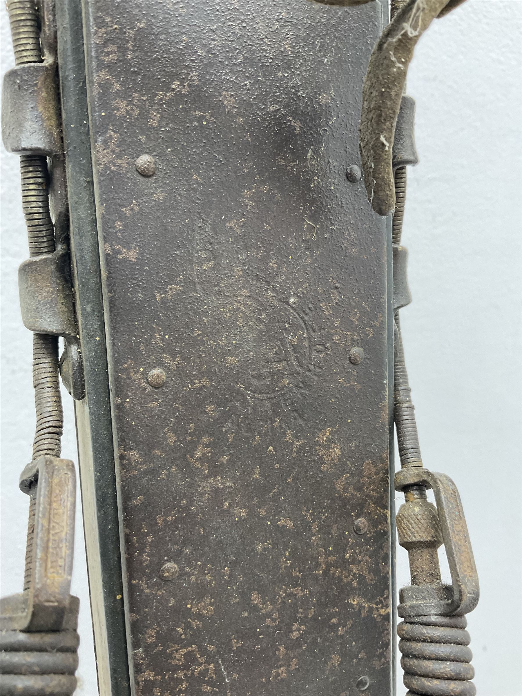 Pair of 1930s wooden skis, with painted metal runners beneath stamped Attenhofer, with retailers label for Ernst Gertsch Central Sports, L206cm