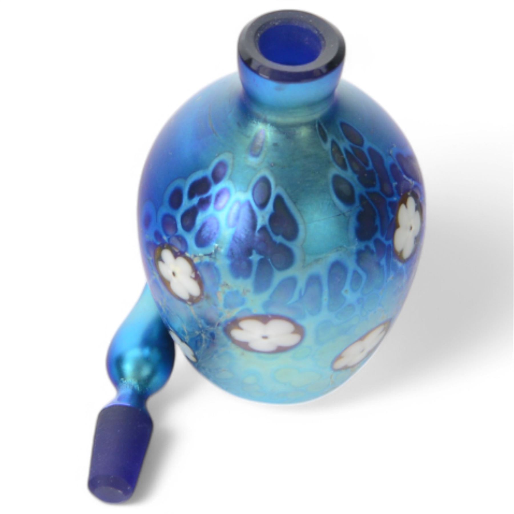 Okra glass scent bottle of ovoid form decorated with iridescent blue design with stylised flowers and leaves, with box, together three other Okra scent bottle with iridescent design, all with original boxes  