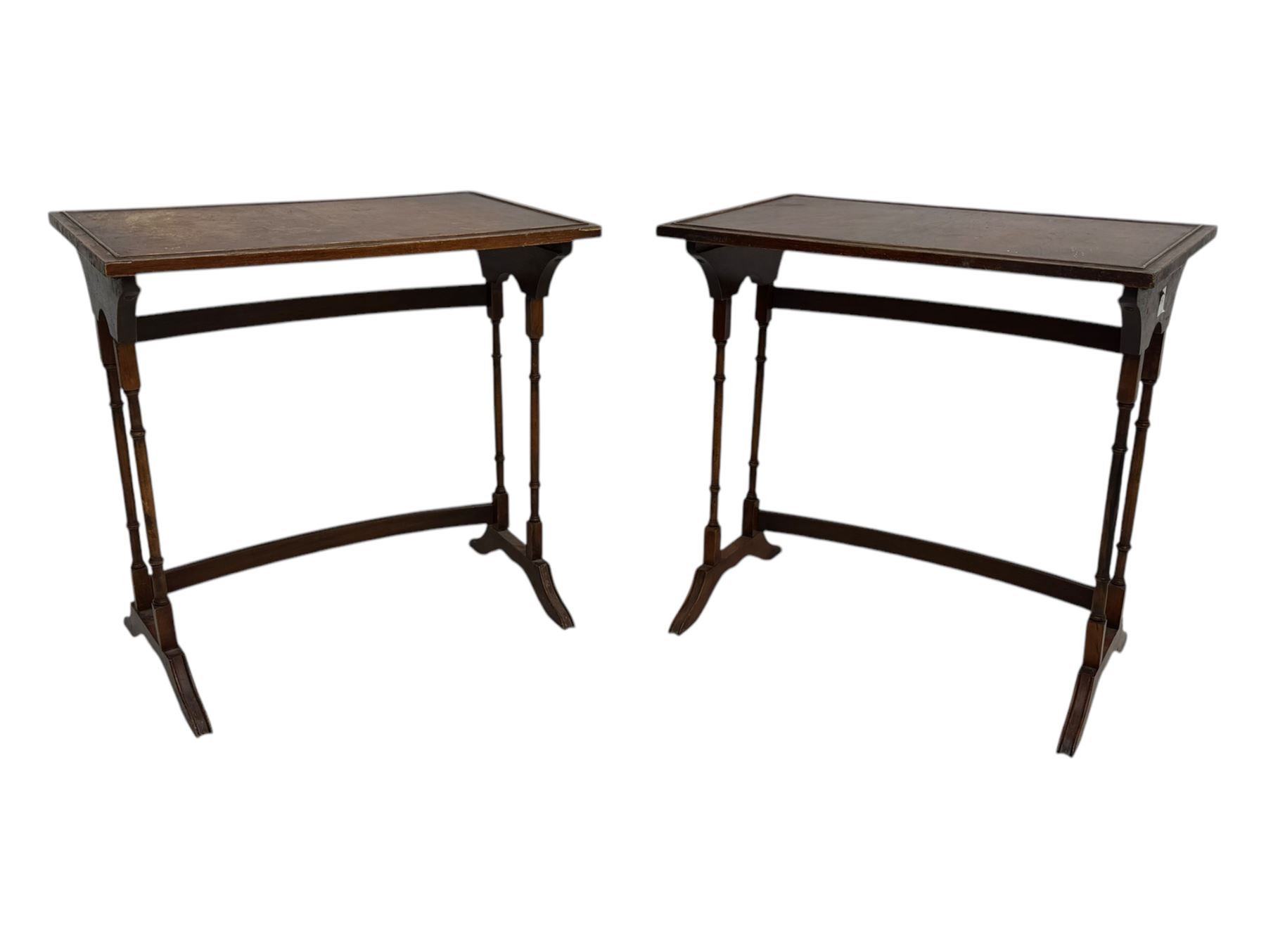 Pair of early 20th century mahogany side tables, each with rectangular tops, raised on turned supports joined by curved stretchers, terminating in splayed feet; mahogany fire screen, rectangular frame housing needlepoint floral panel, on shaped supports (3)