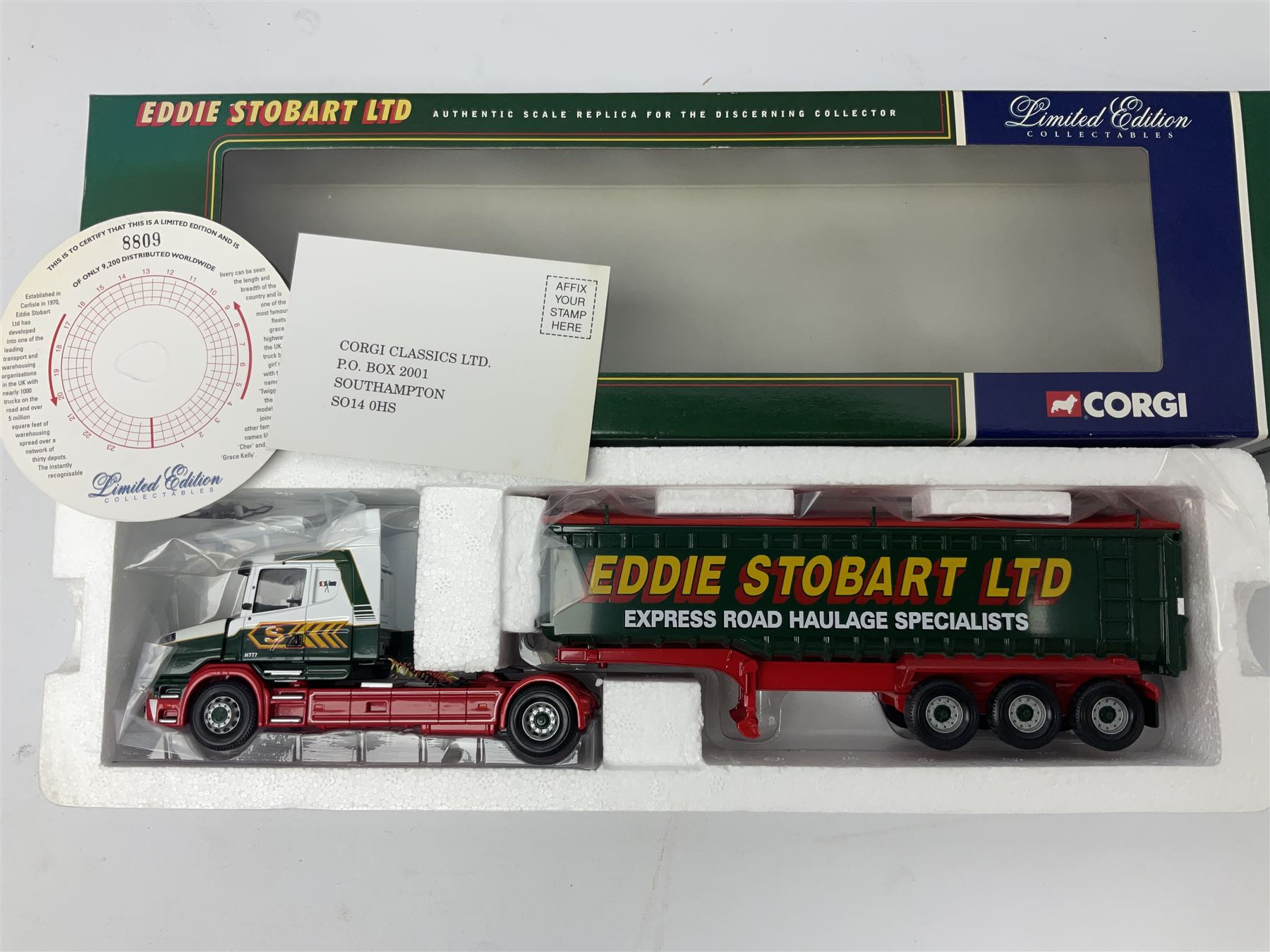 Corgi Eddie Stobart - three lorries; limited edition CC12802 Scania T-Cab Bulk Tipper; limited edition CC13201 DAF XF Super Space Cab Curtainside; and CC13401 MAN TGA Curtainside; all boxed (3)