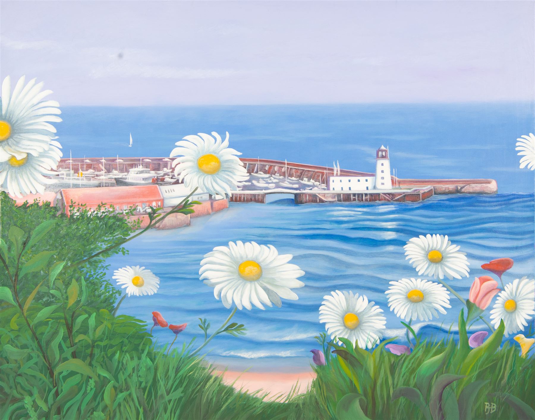 Peter J Bailey (British 1951-): 'Land Meets Sea' - Scarborough Harbour viewed through Daisies, oil on canvas signed with initials, titled verso 81cm x 102cm (unframed)